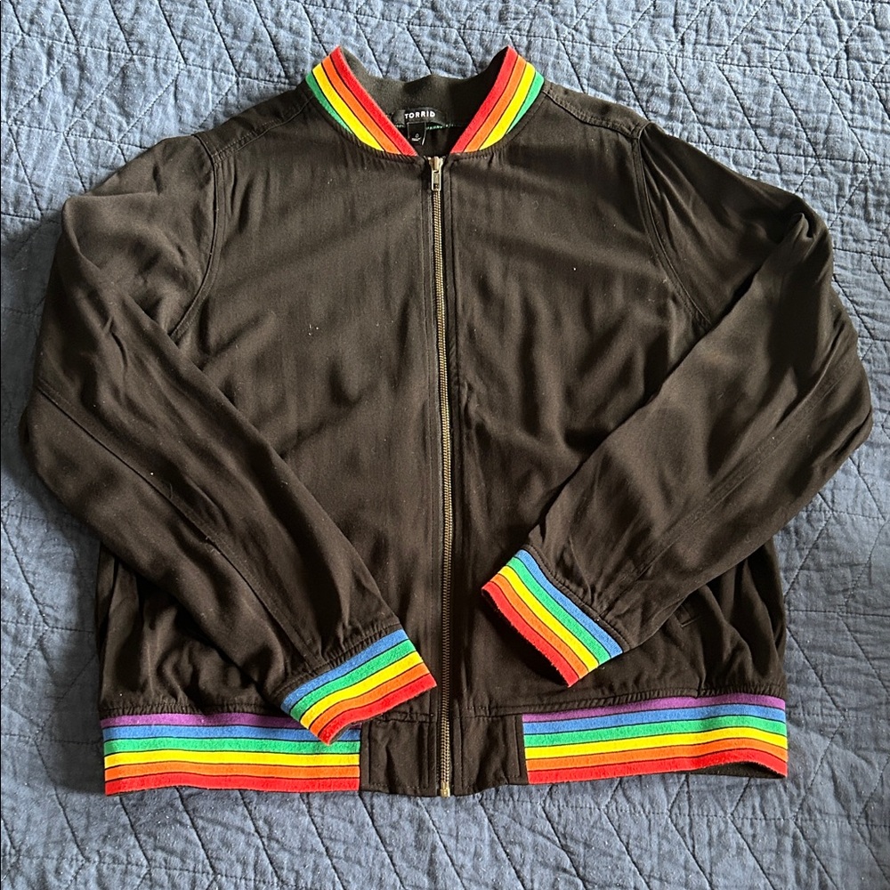 TORRID Black Bomber Jacket with Rainbow Stripe Trim